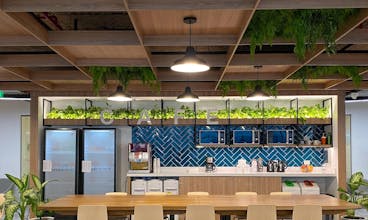 A contemporary restaurant with blue tile and plants